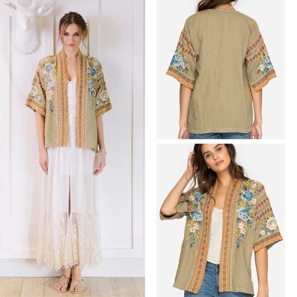 Johnny Was Sweaters - Johnny Was Hira Cardigan Kimono Jacket Linen Tan Embroidered Floral Oversized S